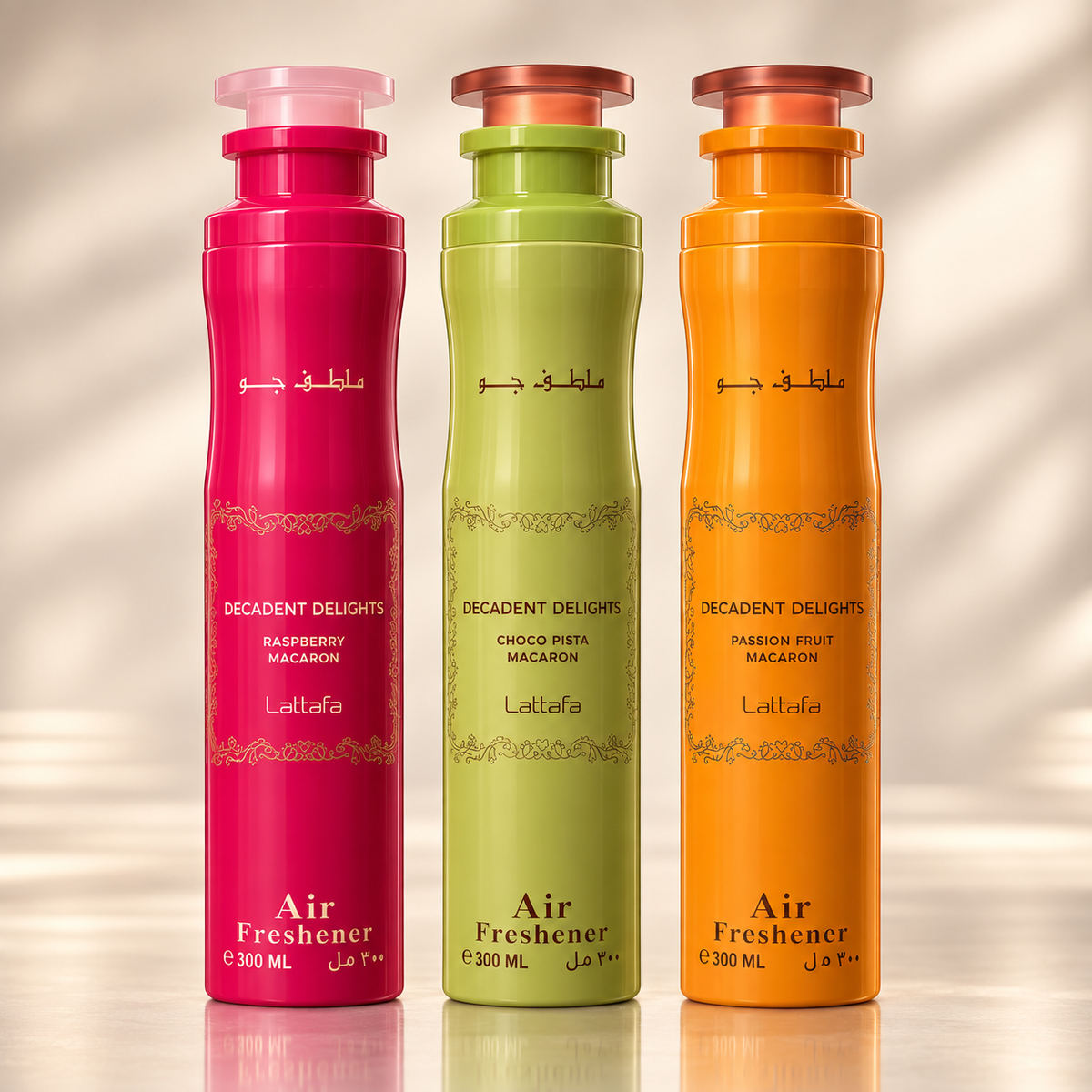 Lattafa Decadent Delights | 3x 300ml Bundle | Raumduft | Raspberry-, Choco Pista-, & Passion Fruit Macaron
